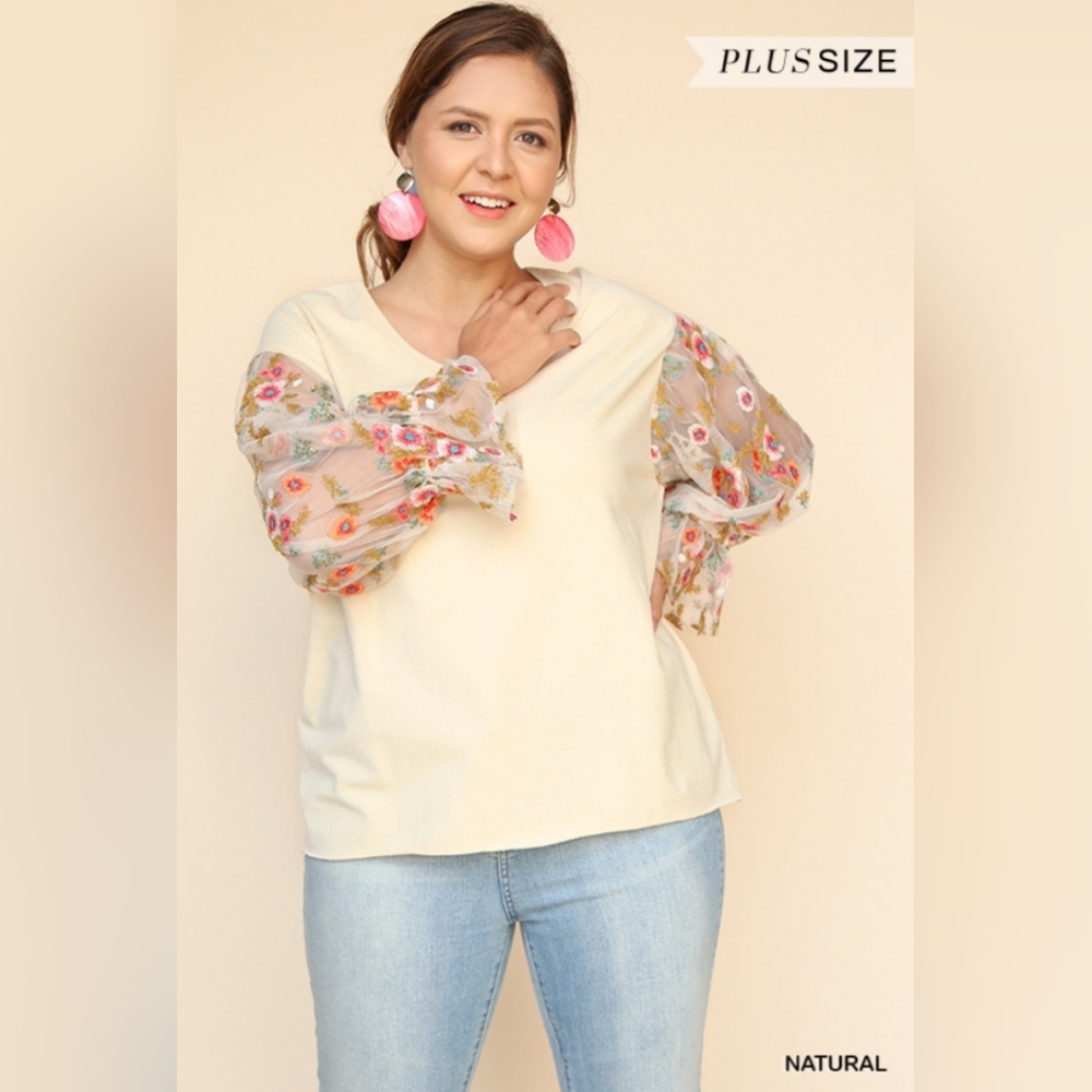 Floral embroidered sheer sleeve top - Picture 1 of 4